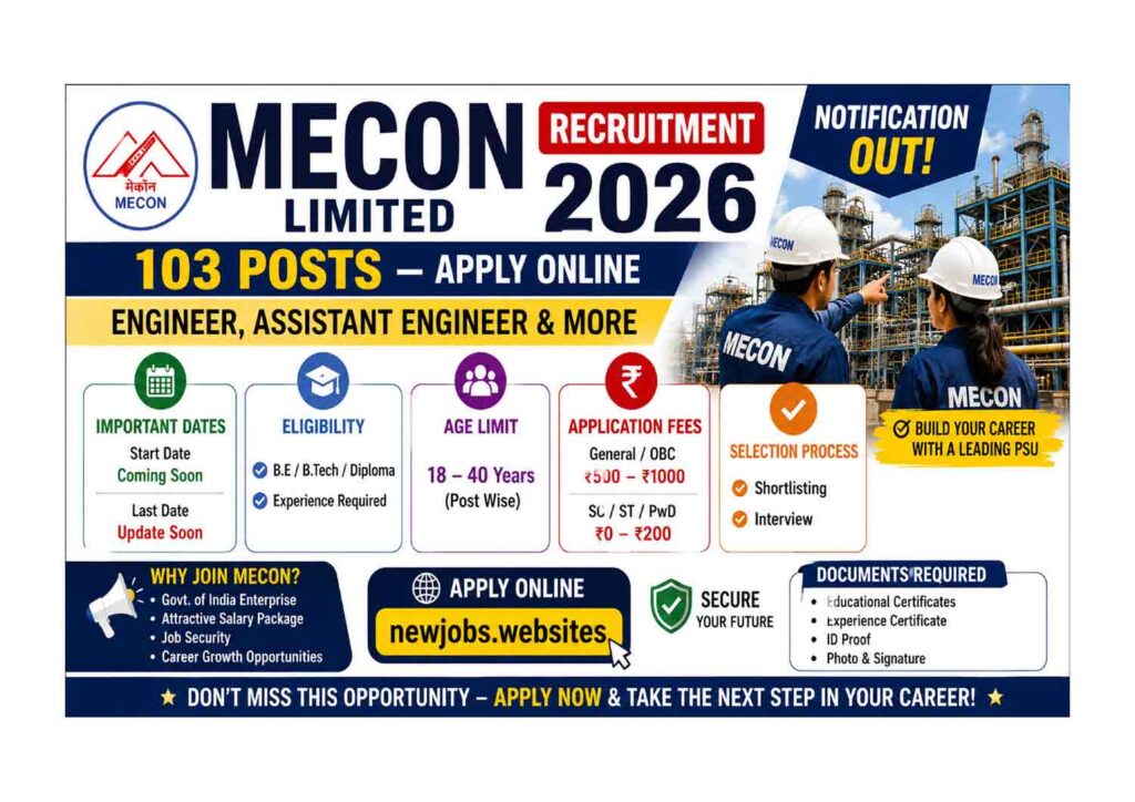 ЁЯПв MECON Experienced Professionals Recruitment 2026: Apply Now MECON Recruitment 2026 Notification Out: Apply Online for 103 Engineer & Assistant Engineer Posts