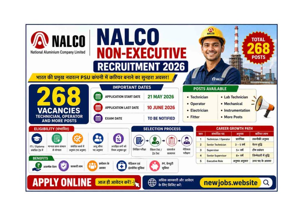 NALCO Non-Executive Recruitment 2026: 268 पदों पर भर्ती, 10 जून तक करें आवेदन