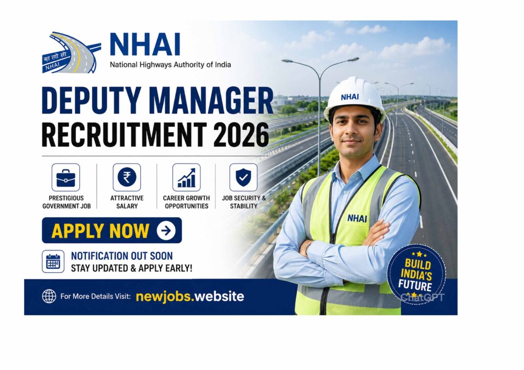 NHAI Recruitment 2026 notification banner for Deputy Manager, Engineer and other posts with online application details.