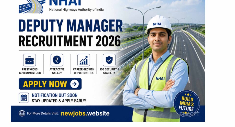 NHAI Recruitment 2026 notification banner for Deputy Manager, Engineer and other posts with online application details.