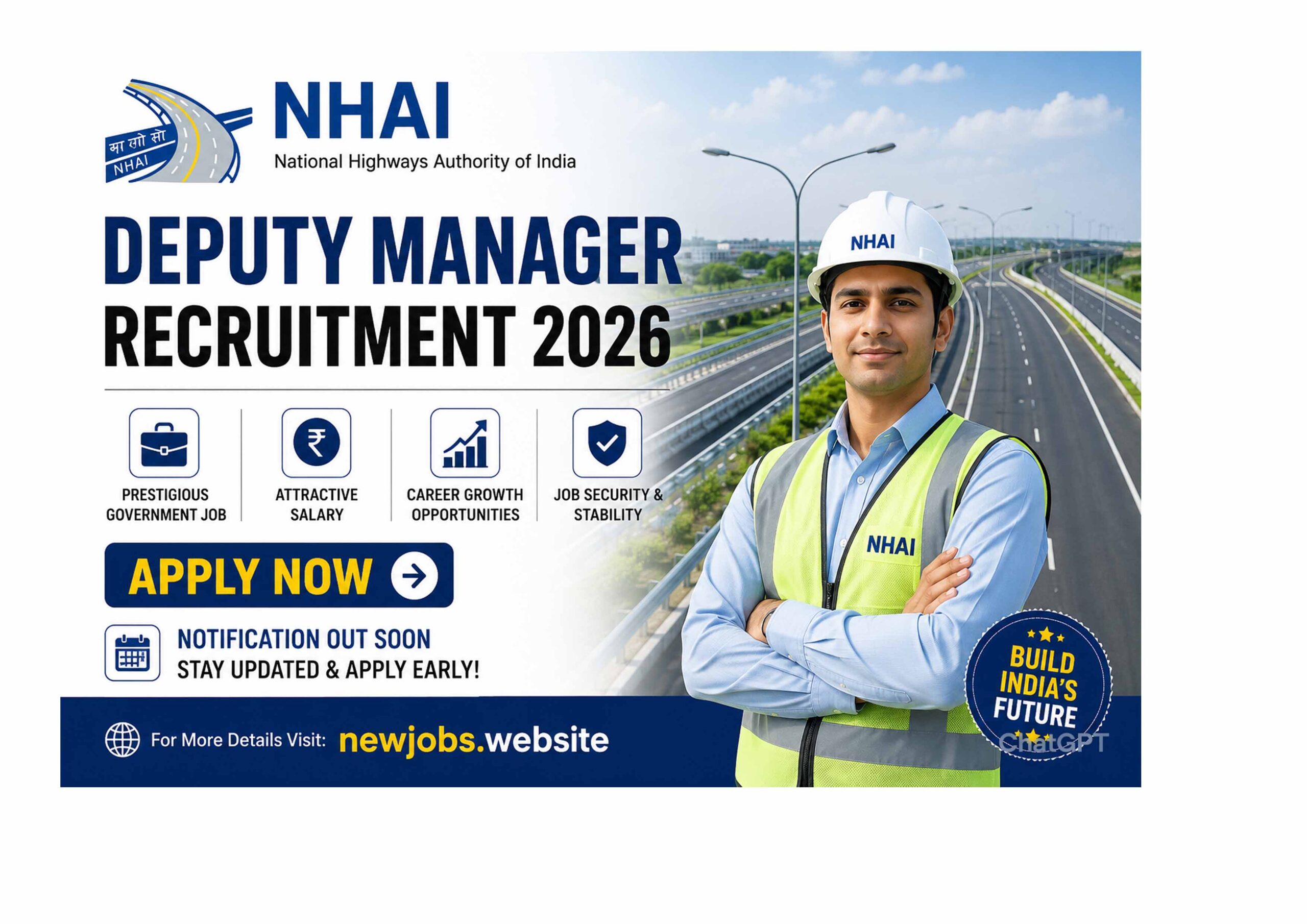 NHAI Recruitment 2026 notification banner for Deputy Manager, Engineer and other posts with online application details.