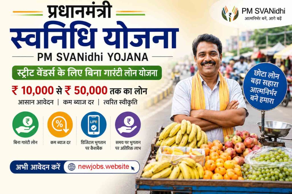 प्रधानमंत्री स्वनिधि योजना पोस्टर जिसमें स्ट्रीट वेंडर को ₹10,000 से ₹50,000 तक बिना गारंटी लोन, डिजिटल पेमेंट लाभ और आवेदन प्रक्रिया दिखाया गया है