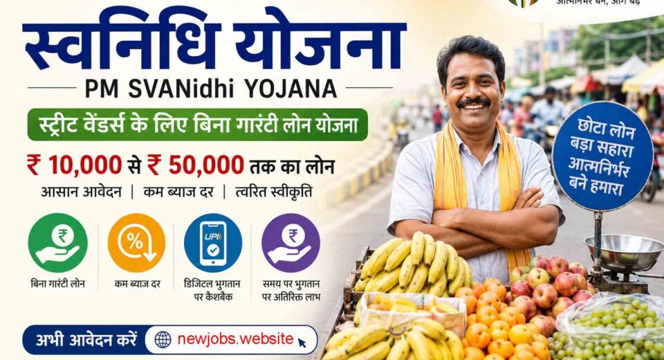 प्रधानमंत्री स्वनिधि योजना पोस्टर जिसमें स्ट्रीट वेंडर को ₹10,000 से ₹50,000 तक बिना गारंटी लोन, डिजिटल पेमेंट लाभ और आवेदन प्रक्रिया दिखाया गया है