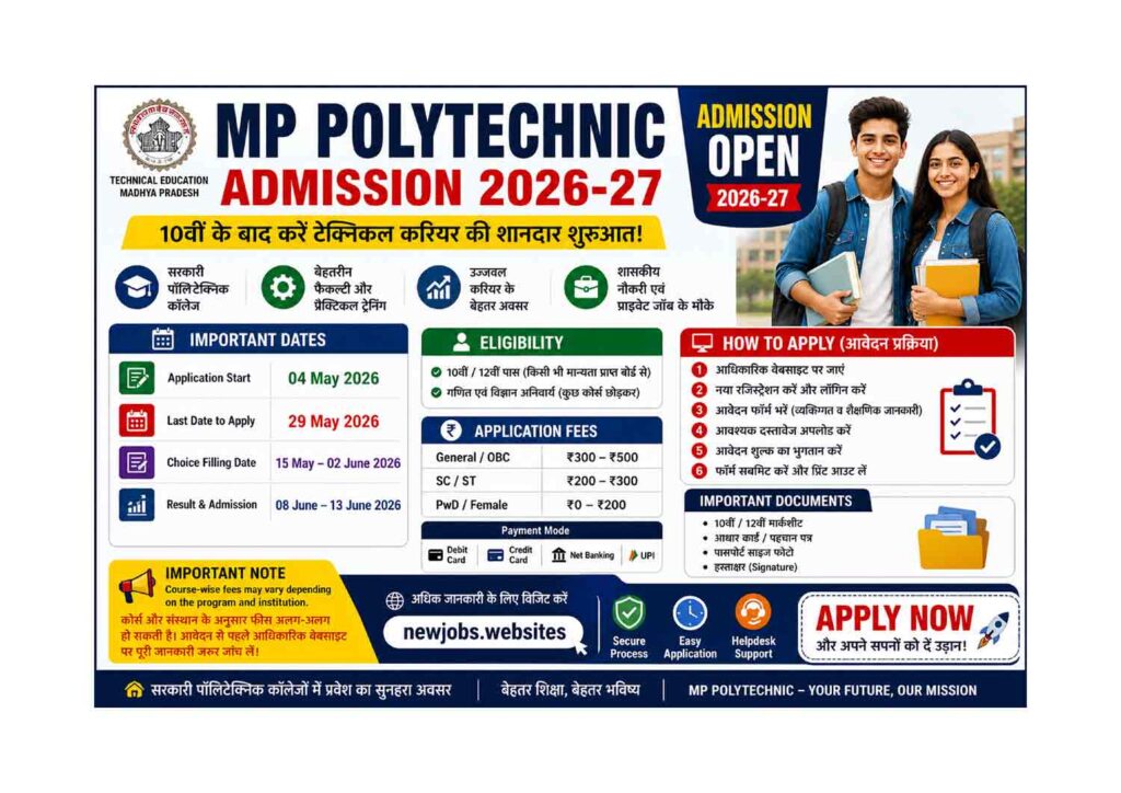 MP Polytechnic Admission (PPT) 2026-27: Start Now Polytechnic Diploma 2026: Apply from 04 May to 29 May, Choice Filling 15 May to 02 June, Result & Admission 08–13 June