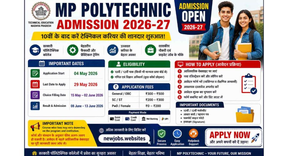 Polytechnic Diploma 2026: Apply from 04 May to 29 May, Choice Filling 15 May to 02 June, Result & Admission 08–13 June