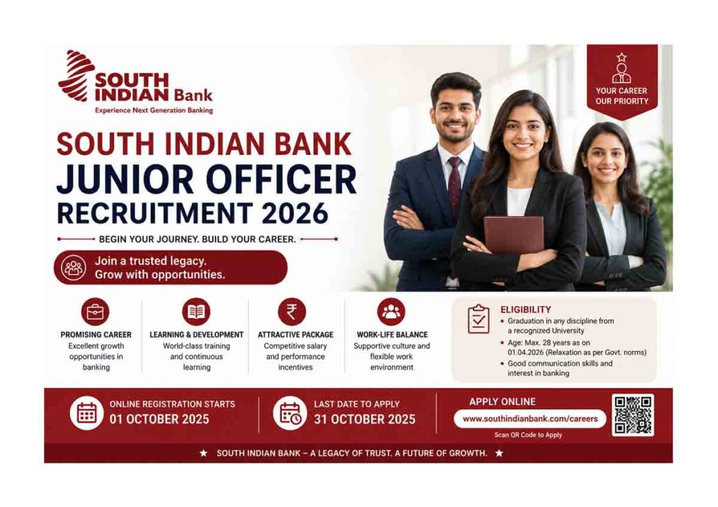 South Indian Bank Junior Officer Recruitment 2026 featured image with apply online notification banner