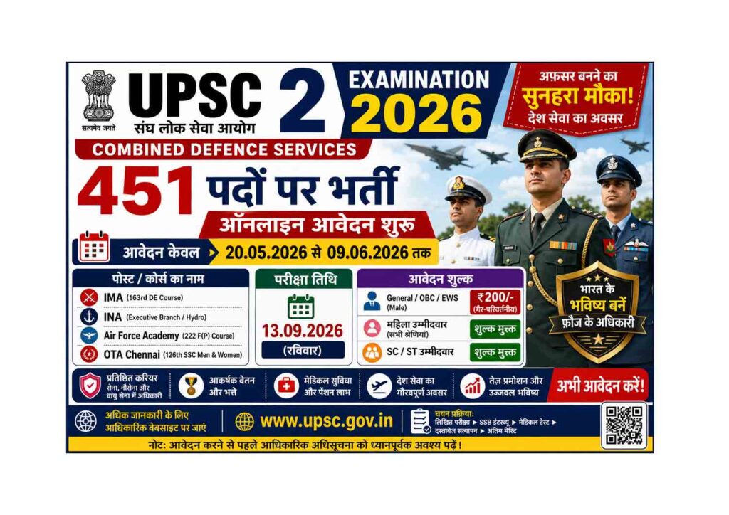 UPSC CDS 2 Examination 2026: Apply Now UPSC CDS 2 Examination 2026 Notification Out – 451 पदों पर भर्ती, ऑनलाइन आवेदन शुरू