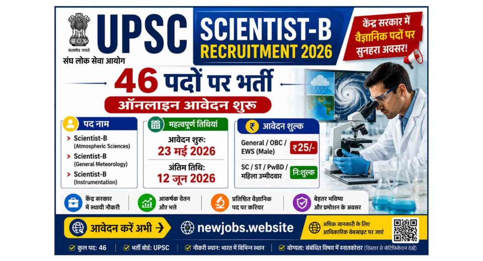 UPSC Scientist-B Recruitment 2026 भर्ती पोस्टर हिंदी में, 46 पद, आवेदन तिथि 23 मई से 12 जून 2026