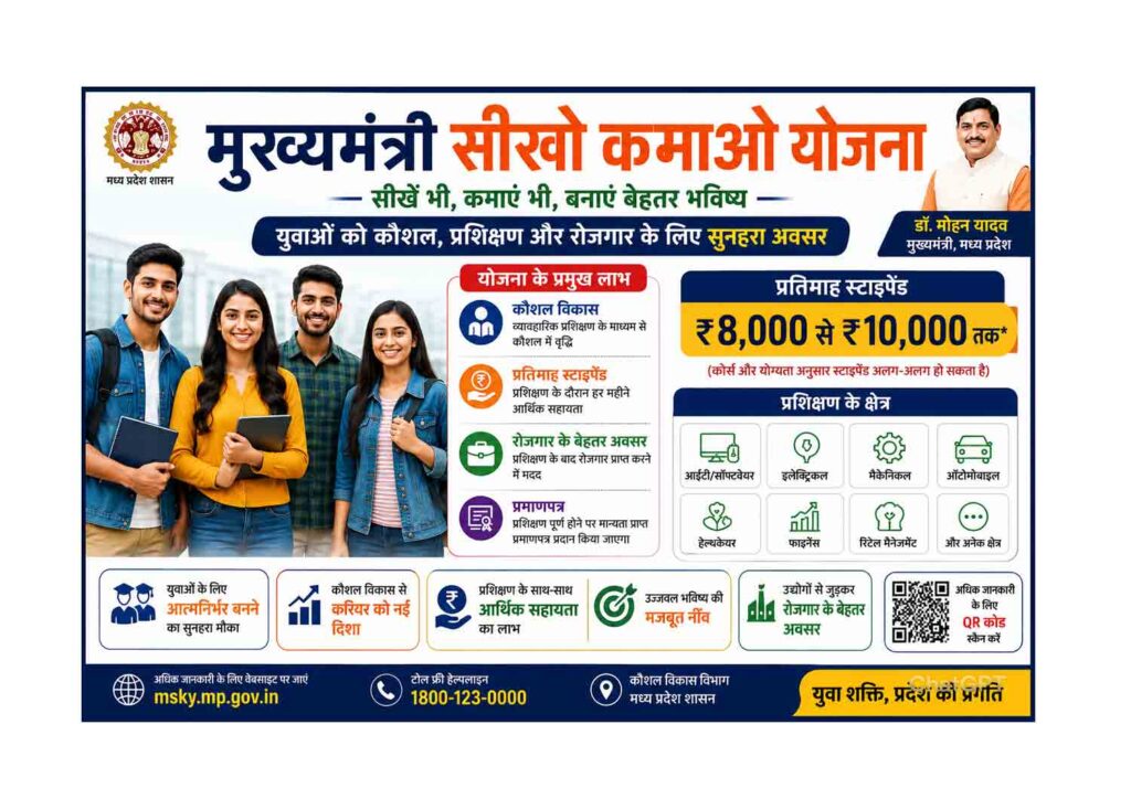 मुख्यमंत्री सीखो कमाओ योजना 2026 जिसमें युवाओं के लिए कौशल प्रशिक्षण, रोजगार अवसर और ₹8,000 से ₹10,000 तक स्टाइपेंड की जानकारी दी गई है।