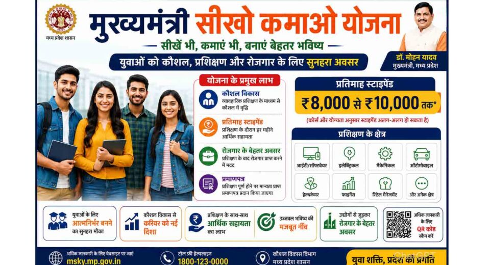 मुख्यमंत्री सीखो कमाओ योजना 2026 जिसमें युवाओं के लिए कौशल प्रशिक्षण, रोजगार अवसर और ₹8,000 से ₹10,000 तक स्टाइपेंड की जानकारी दी गई है।