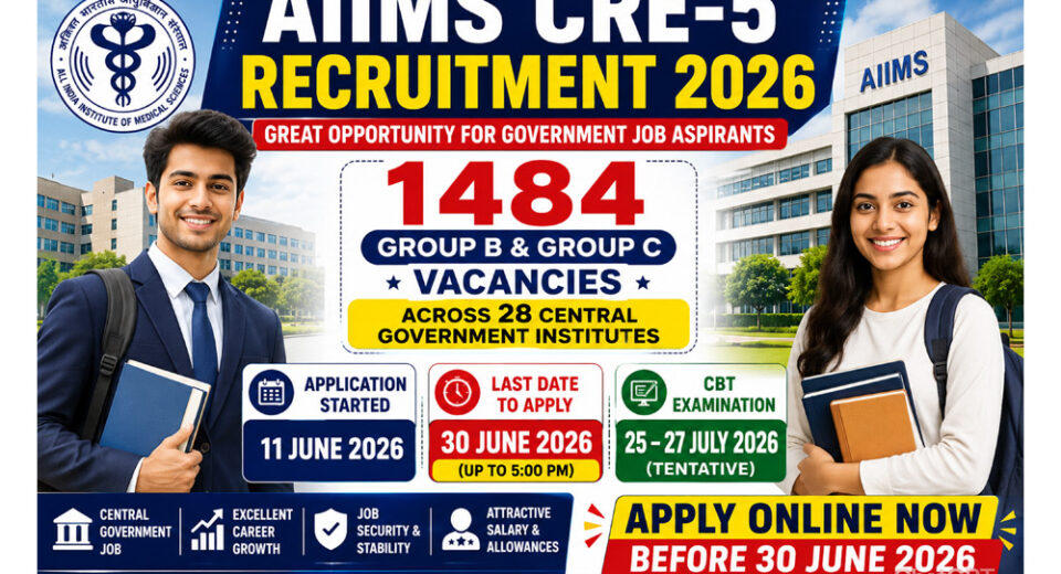 AIIMS CRE-5 Recruitment 2026: 1484 ग्रुप B एवं C पदों पर भर्ती, 30 जून तक करें आवेदन, CBT परीक्षा जुलाई में