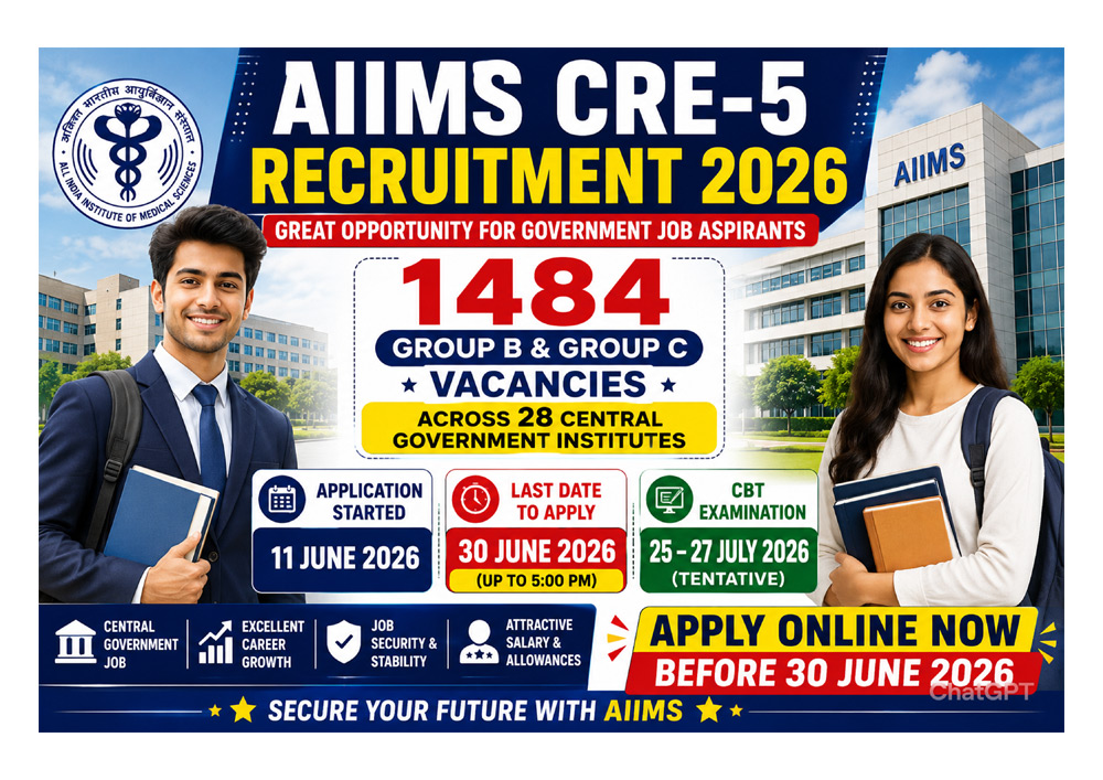 AIIMS CRE-5 Recruitment 2026: 1484 ग्रुप B एवं C पदों पर भर्ती, 30 जून तक करें आवेदन, CBT परीक्षा जुलाई में
