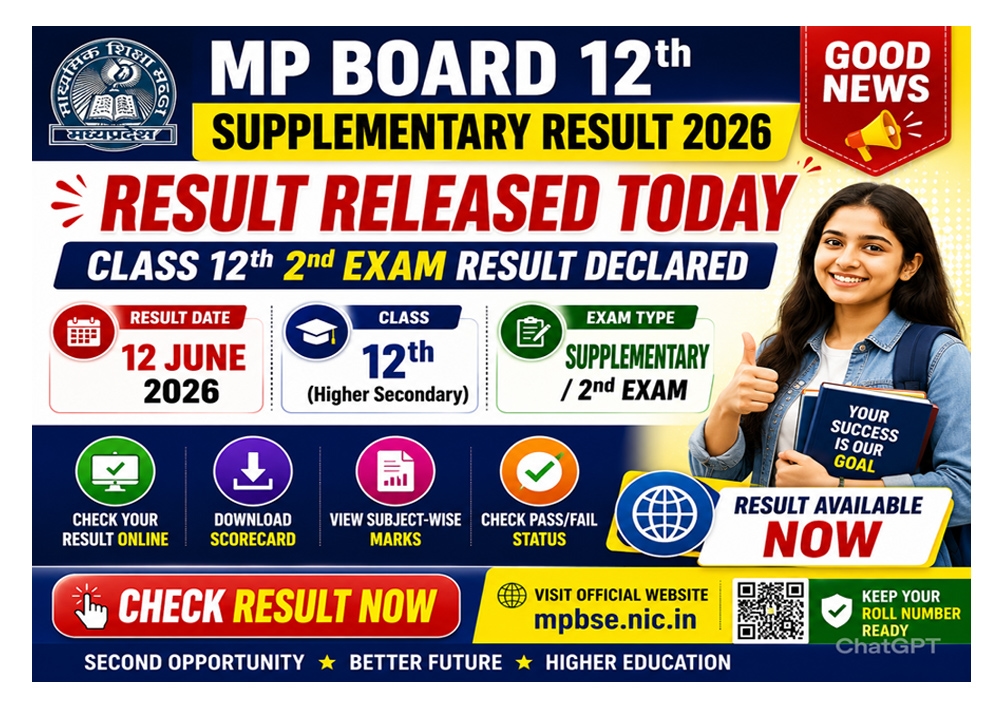 MP Board 12th Supplementary Result 2026. announcing Class 12 Second Exam Result released on 12 June 2026 with result check information.