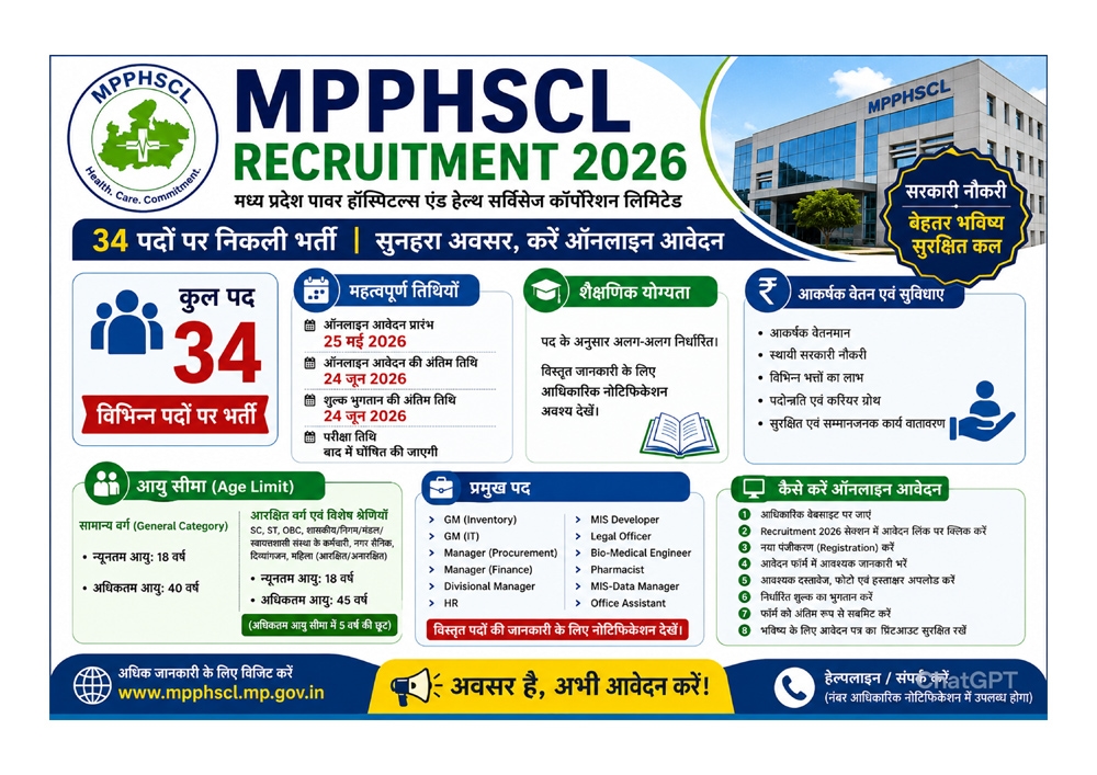 MPPHSCL Recruitment 2026 का रंगीन लैंडस्केप पोस्टर, जिसमें 34 पदों पर भर्ती, ऑनलाइन आवेदन तिथि 25 मई 2026 से 24 जून 2026, आयु सीमा 18-40/45 वर्ष, प्रमुख पदों की सूची और आवेदन प्रक्रिया की जानकारी दर्शाई गई है।