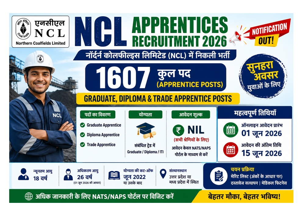 NCL Apprentices Recruitment 2026: 1607 Graduate, Diploma एवं Trade Apprentice पदों के लिए ऑनलाइन आवेदन 01 जून से 15 जून 2026 तक।