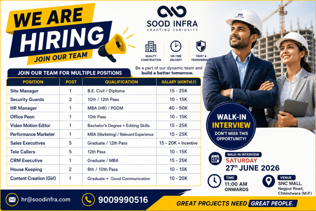 SOOD INFRA Recruitment 2026: Site Manager, HR Manager, Sales Executive सहित कई पदों पर भर्ती | Walk-In Interview SOOD INFRA Recruitment 2026 Walk-In Interview for Site Manager, HR Manager, Sales Executive, Tele Caller and Other Vacancies in Chhindwara