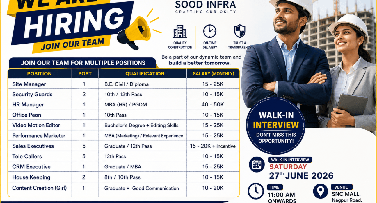 SOOD INFRA Recruitment 2026 Walk-In Interview for Site Manager, HR Manager, Sales Executive, Tele Caller and Other Vacancies in Chhindwara
