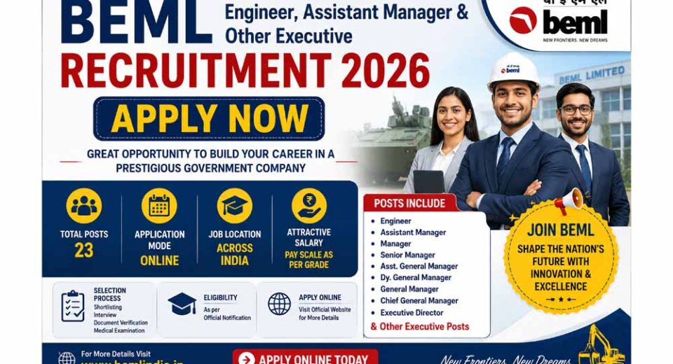 BEML Engineer, Assistant Manager & Other Executive Recruitment 2026 – Apply Now