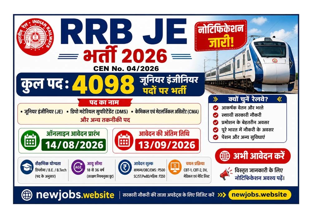 RRB JE Recruitment 2026 पोस्टर – 4098 जूनियर इंजीनियर पदों पर भर्ती, ऑनलाइन आवेदन 14 अगस्त 2026 से 13 सितंबर 2026 तक।