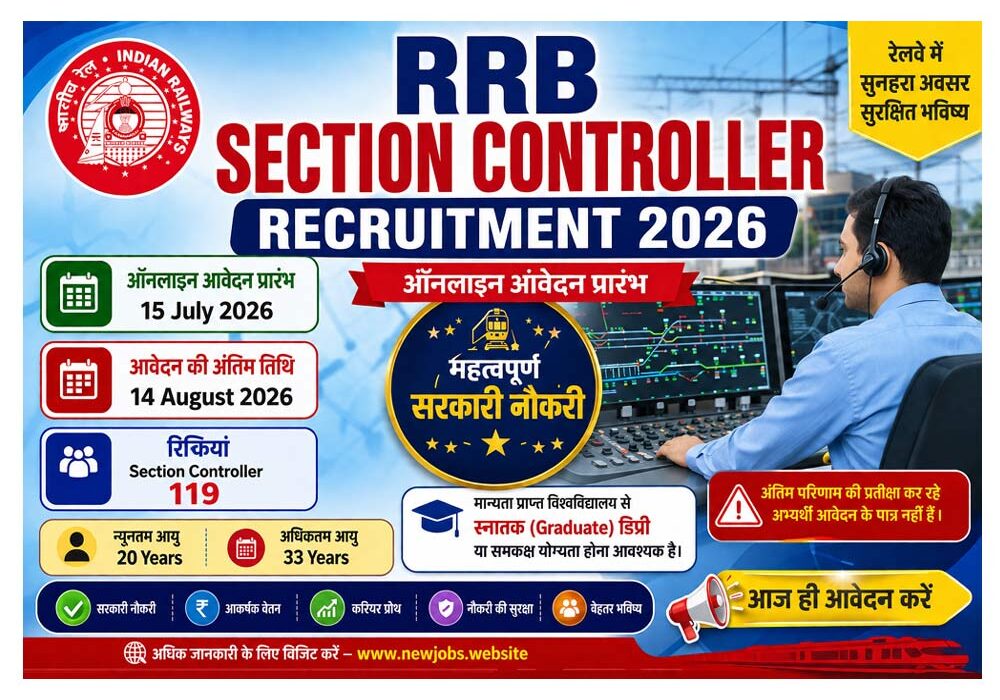 RRB Section Controller Recruitment 2026 showing 119 vacancies, online application dates, age limit, graduate eligibility, and application deadline 14 August 2026.