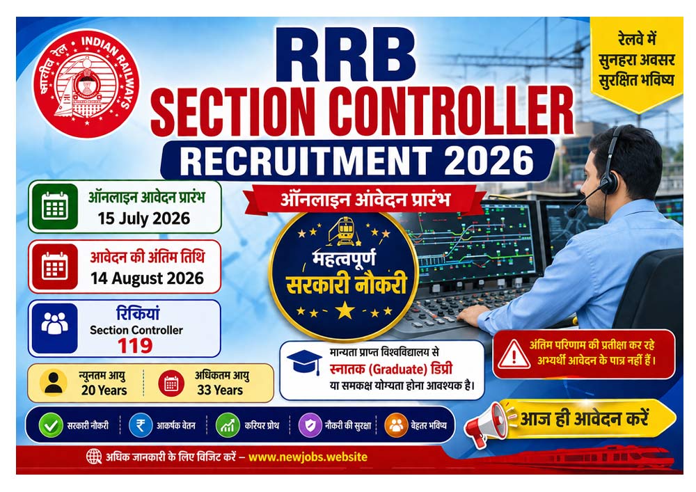 RRB Section Controller Recruitment 2026 showing 119 vacancies, online application dates, age limit, graduate eligibility, and application deadline 14 August 2026.