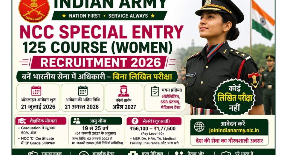 Indian Army NCC Special Entry 125 Course (Women) Recruitment 2026 – Apply Online