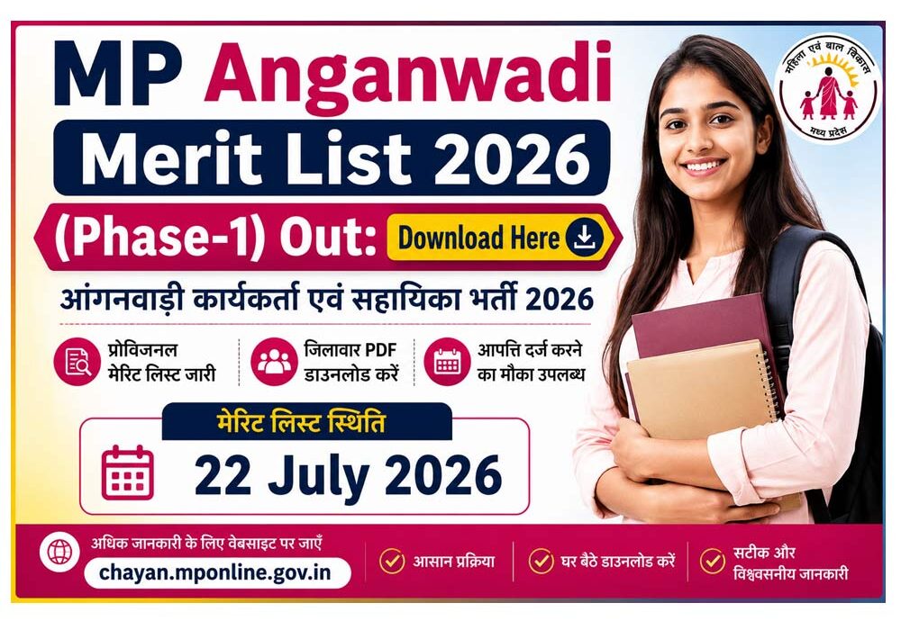 MP Anganwadi Merit List 2026 (Phase-1) Out पोस्टर, जिसमें आंगनवाड़ी कार्यकर्ता एवं सहायिका की प्रोविजनल मेरिट लिस्ट जारी होने की जानकारी, 22 July 2026 मेरिट लिस्ट स्थिति