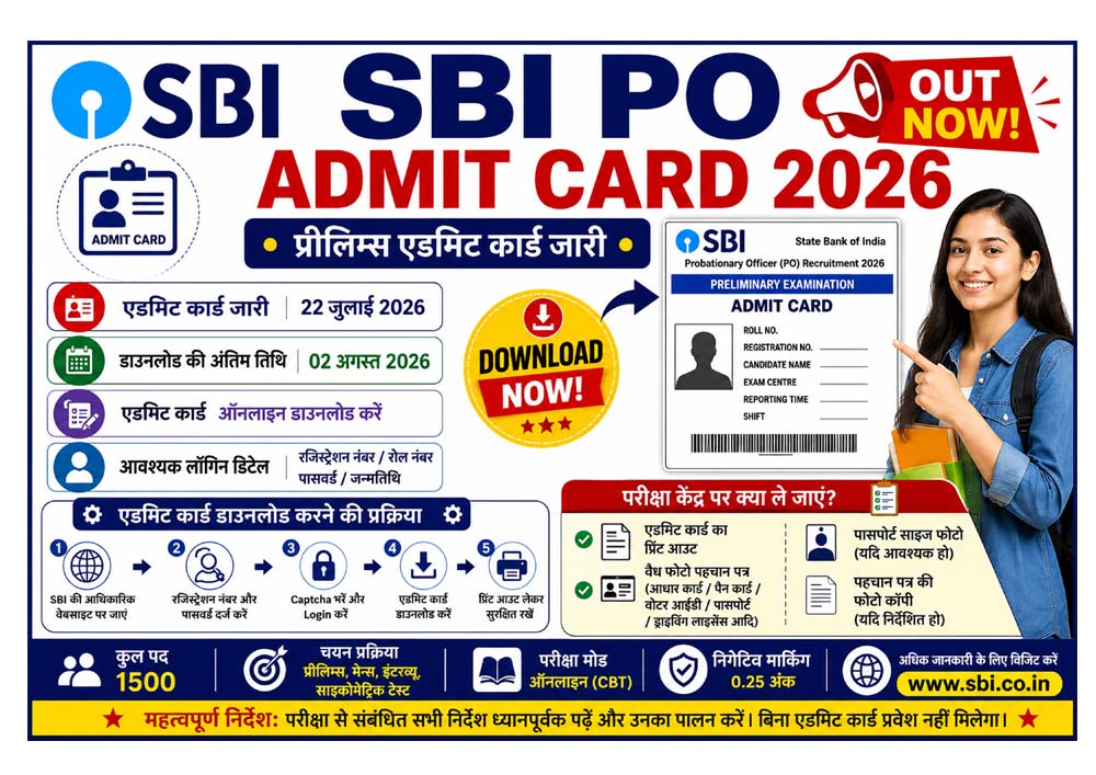SBI PO Admit Card 2026 जारी – प्रीलिम्स एडमिट कार्ड डाउनलोड करें, डाउनलोड प्रक्रिया और परीक्षा केंद्र पर आवश्यक दस्तावेजों की जानकारी।