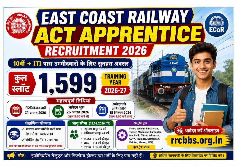 East Coast Railway Act Apprentice Recruitment 2026 – 1,599 पदों पर भर्ती, 10वीं और ITI पास उम्मीदवारों के लिए ऑनलाइन आवेदन
