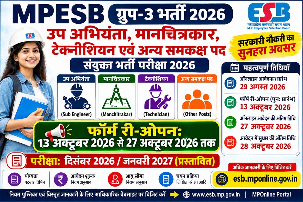MPESB Group 3 Recruitment 2026 Poster – Sub Engineer, Sahayak Manchitrakar, Technician and Other Posts, Form Reopen 13 to 27 October 2026