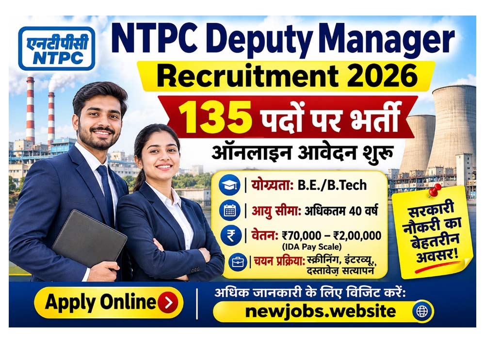 NTPC Deputy Manager Recruitment 2026 पोस्टर – 135 पदों पर भर्ती, ऑनलाइन आवेदन, B.E./B.Tech उम्मीदवारों के लिए सरकारी नौकरी | newjobs.website