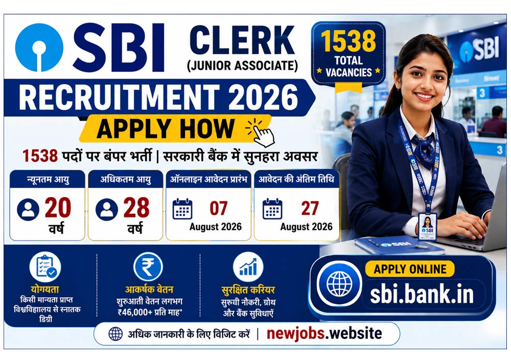 SBI Clerk Recruitment 2026 – Junior Associate 1538 Posts, Age Limit 20 to 28 Years and Online Application Dates 07 to 27 August 2026