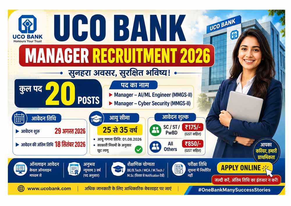 UCO Bank Manager Recruitment 2026 – 20 Manager Posts, Apply Online