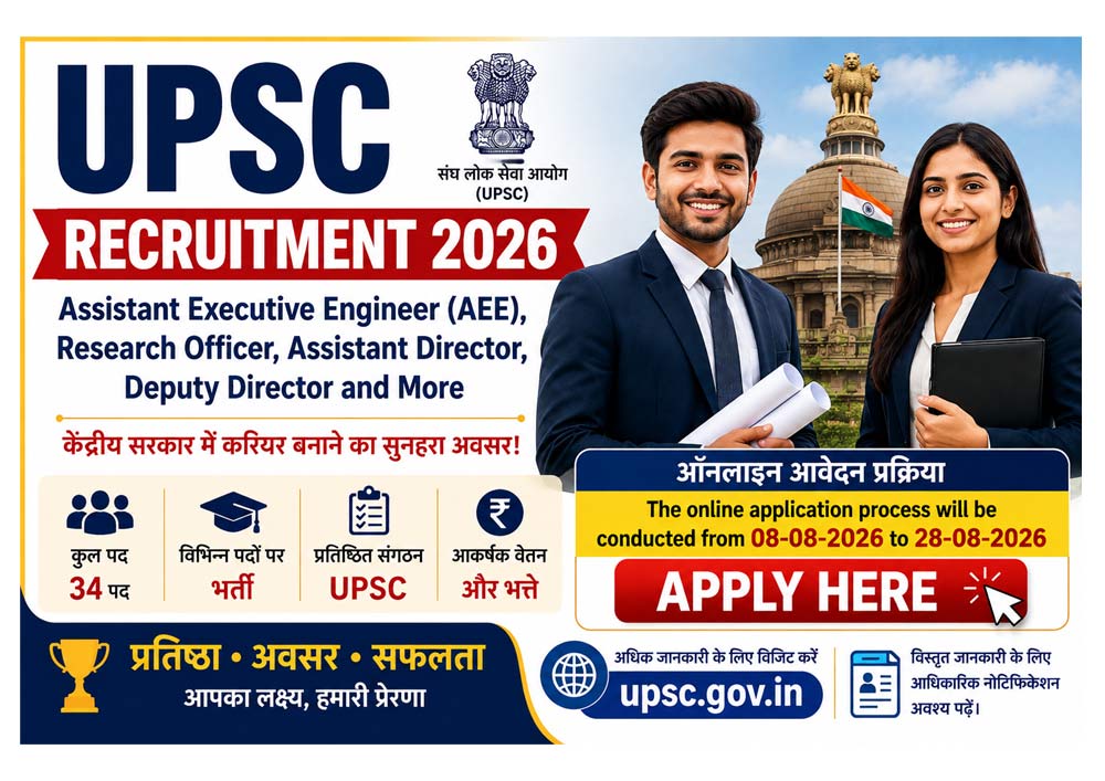 UPSC Recruitment 2026 Vacancy Details Table showing 34 vacancies for Assistant Executive Engineer (Civil & Electronics), Assistant Director, Superintendent Translation (Hindi Branch), Research Officer, Horticulture Development Officer and Soil Conservation Assistant posts.