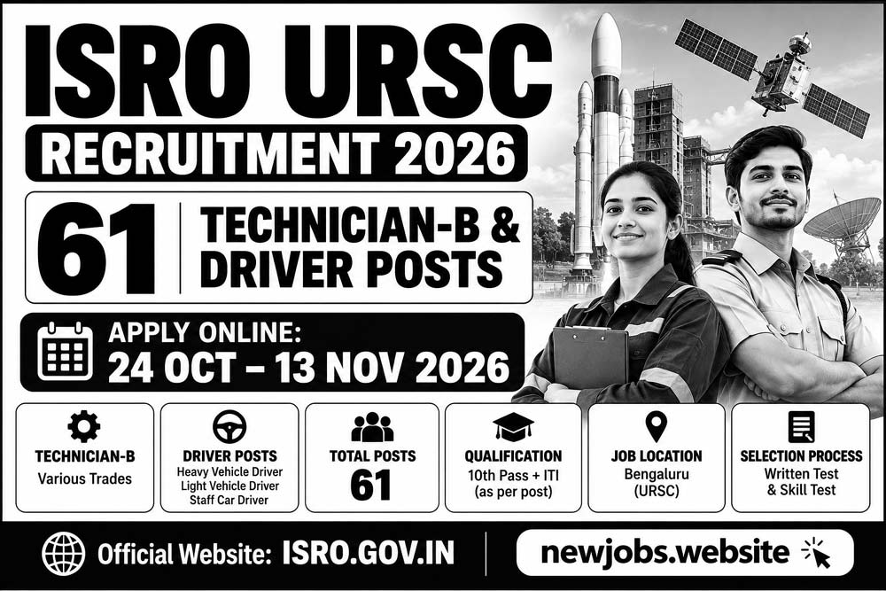 ISRO URSC Recruitment 2026 poster for 61 Technician-B and Driver posts