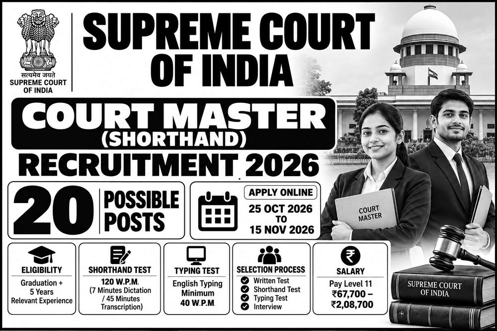 Supreme Court Court Master Recruitment 2026 poster for 20 Court Master Shorthand posts, with eligibility, shorthand test, typing speed and application dates.
